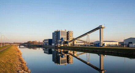 Fototapeta premium Modern industrial waste-to-energy plant beside a calm waterway, reflecting in the clear blue water under a bright sky.