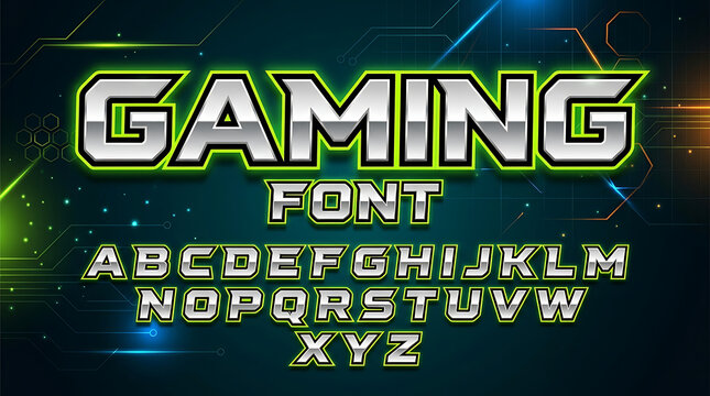 Futuristic Gaming Typography Set with Metallic Shiny Chrome Lettering and Neon Green Outline Styles