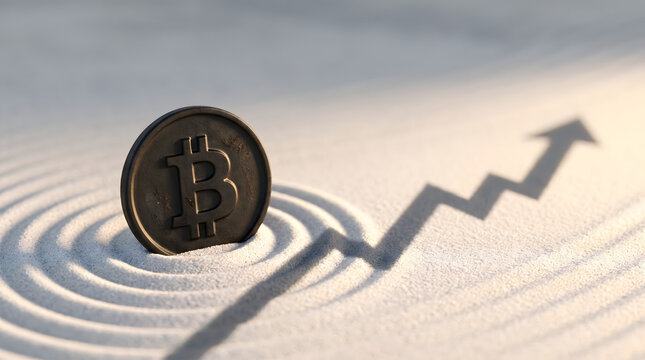 枯山水の砂紋に置かれたビットコインと上昇矢印の影