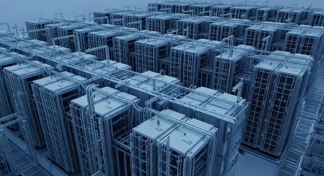 Rows of high-density server racks in a modern hyperscale data center, showcasing advanced technology infrastructure.