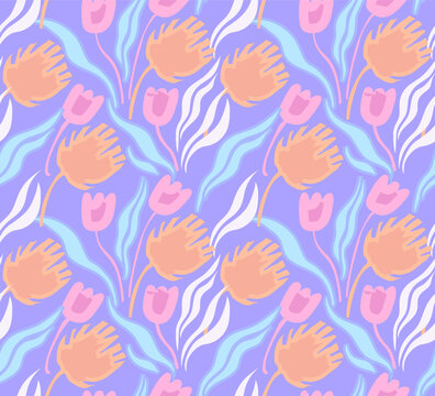 Tropical Flowers Seamless Print Pattern Design in vector. colorful flowers print design. hand drawing flowers print motif. spring background. retro design. girls  dress fabric. textile graphic design.