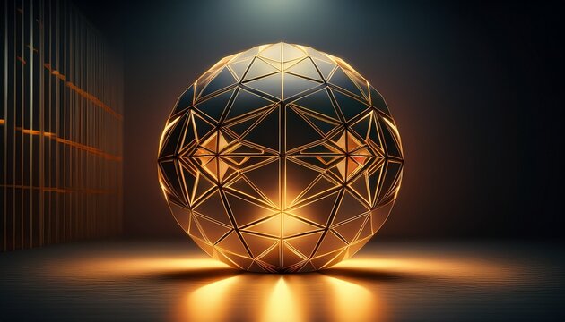 abstract geometric sphere illuminated in dark room creates a dynamic visual