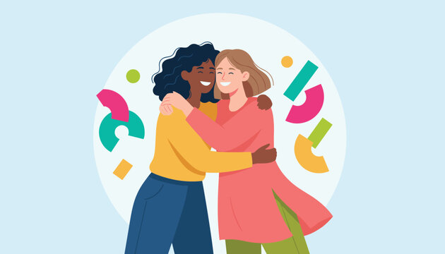 Two women embracing happily in a friendly hug with colorful geometric shapes floating in the background for a celebration.
