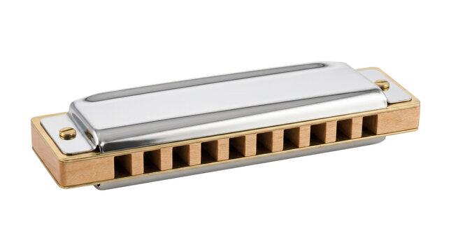This image features a classic harmonica with a sleek metal cover and wooden comb. The harmonica's design highlights its portability and timeless appeal in music.