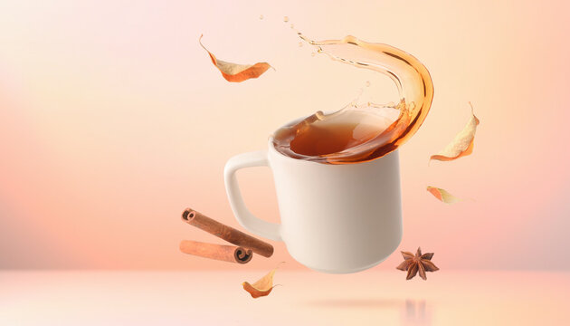 Surreale schwebende Tasse Tee mit schwimmenden Herbstgew&uuml;rzen