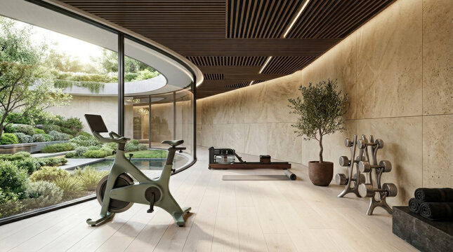 A stationary exercise bike and dumbbells in a bright gym with a view of a lush generated using ai