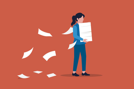 Women carrying heavy documents documents paperwork. concept of Workload and aggressive deadline causing exhaustion and burnout, overload or overworked office routine