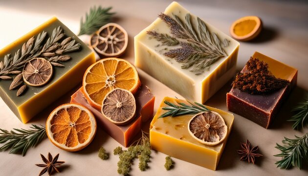 handcrafted botanical soap bars styled with dried citrus and herbs present an artisanal wellness concept focused on natural skincare organic ingredients and sustainable beauty rituals