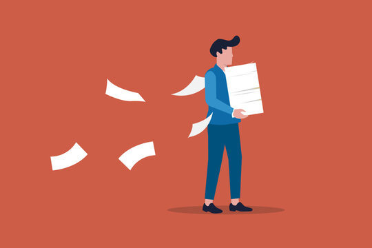 Worker carrying heavy documents documents paperwork. concept of Workload and aggressive deadline causing exhaustion and burnout, overload or overworked office routine