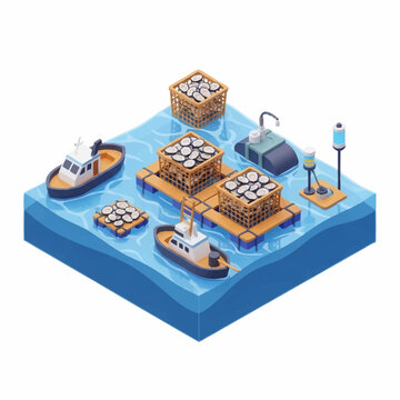 Isometric illustration of a seafood farm with boats and crates.