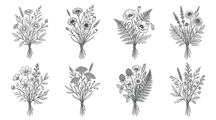 Collection of eight hand-drawn botanical wildflower bouquets featuring detailed line of daisies, poppies, ferns, and various meadow herbs on a white background © NoobCreaTion