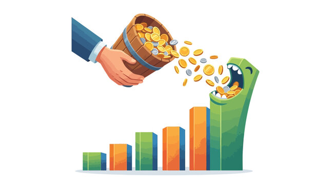 Hand pouring coins from bucket into greedy growth chart monster