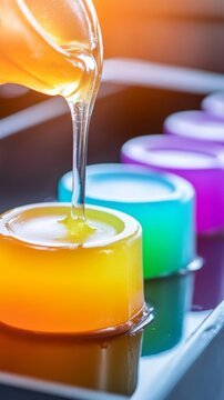 Brightly colored gel is being poured into molds, showcasing vibrant hues in a sunny kitchen environment