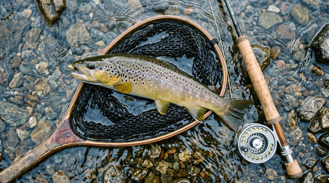 Fly fishing success a stunning brown trout caught in a rocky river