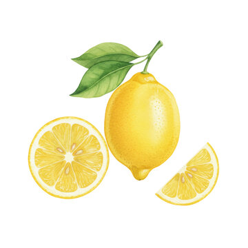 Vibrant watercolor illustration of fresh citrus fruits: whole, halved, and wedge lemons on a minimalist white background, botanical art style, summery zest atmosphere