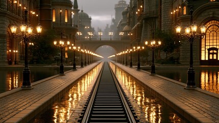 Obraz premium Steampunk cityscape with train tracks, ornate streetlights, and glowing windows reflecting on water
