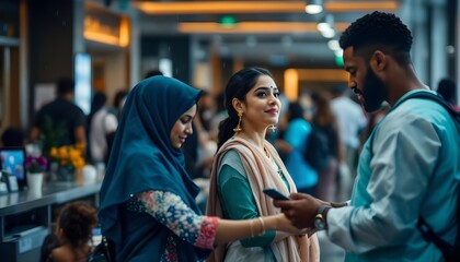 Obraz premium Hospital reception with diverse patients checking in digitally