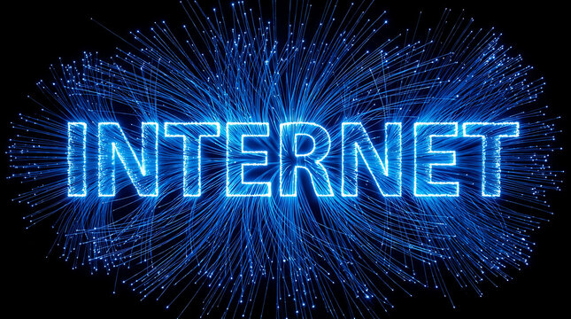 Digital Network Word Internet Spelled With Glowing Blue Fiber Optic Cables