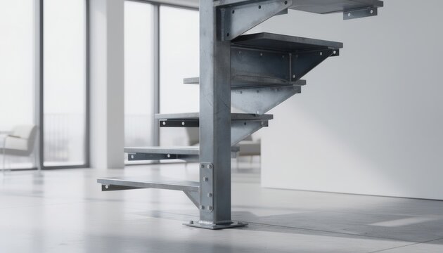 Medium shot of monostringer stair stringer showcasing sleek industrial design with exposed metalwork and a raw steel finish in a contemporary architectural setting.