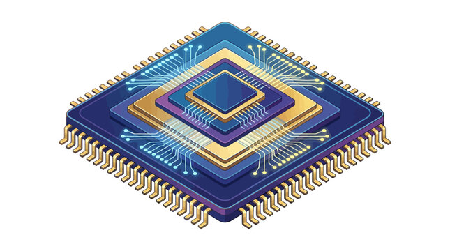 Isometric multi layered computer processor with glowing circuits