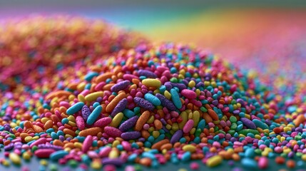Obraz premium Rainbow sprinkles colorful celebration joyful party festive mood playful decoration selective focus birthday theme ethereal Blend mode confetti background. 