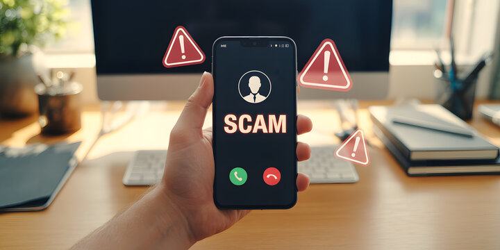 Hand holding smartphone with scam call warning alert notification on wooden desk office.