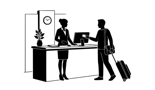 Hotel Front Desk Receptionist Checking in Guest Vector