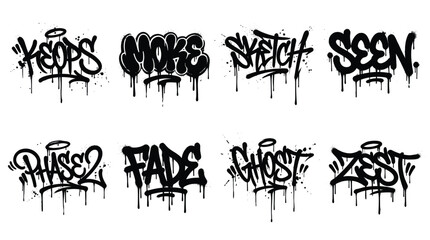 Collection of eight distinct black graffiti tag lettering styles featuring dripping paint effects, spray paint splatters, and urban street typography on a plain white background © NoobCreaTion