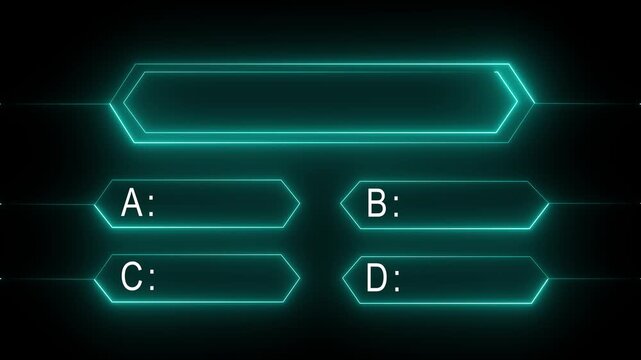 Neon graphic equalizer bars with option choices a b c d and a central long bar for quiz shows or contests as a looping Motion Graphic 4k animation.