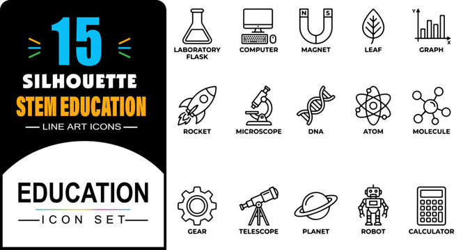 STEM education line art icons, 15 silhouette science and technology vector symbols, school laboratory and engineering icons set for learning