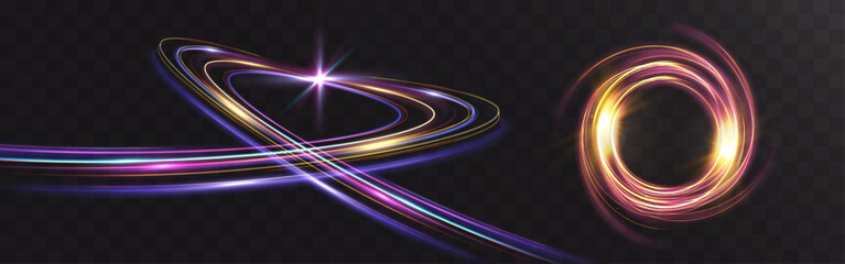 Fototapeta na wymiar Abstract glowing multicolor neon light trails with futuristic energy rings, luminous motion effects and magical circular portal isolated on transparent background