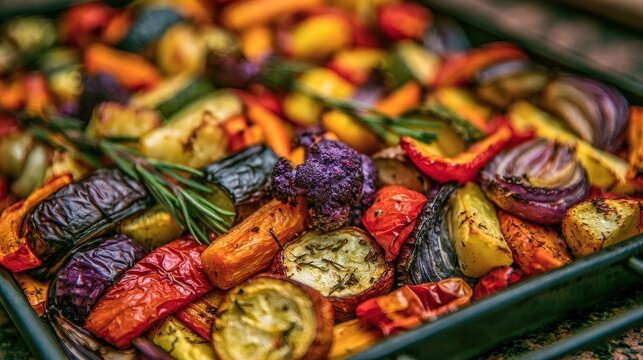 Roasted vegetables fiber rich vitamins antioxidant benefits seasonal produce focus on colorful assortment selective focus farm to table theme whimsical Blend mode stone kitchen backdrop. 