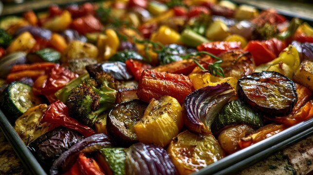 Roasted vegetables fiber rich vitamins antioxidant benefits seasonal produce focus on colorful assortment selective focus farm to table theme whimsical Blend mode stone kitchen backdrop. 