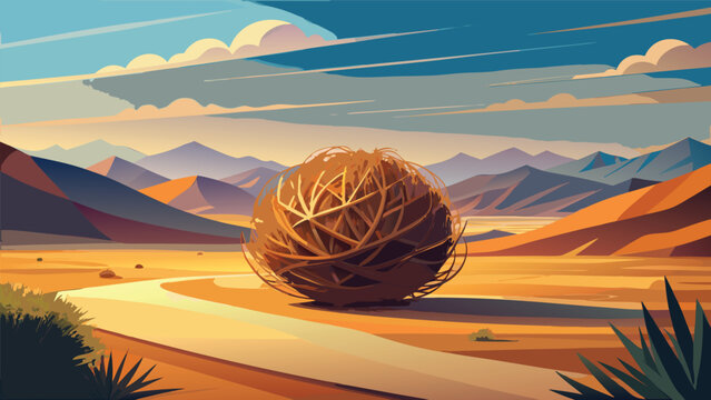 Large tumbleweed rolling across dry desert landscape with distant mountains tumbleweed landscape mountains wilderness sunlight outdoors adventure environment panoramic tranquil peaceful