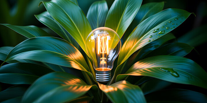 Glowing incandescent light bulb nestled among lush green tropical leaves with morning dew drops.