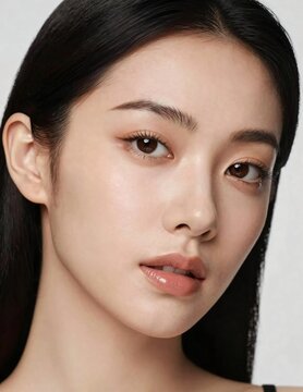 Beautiful young Asian woman with perfect clean skin and natural makeup looking at camera with gentle expression