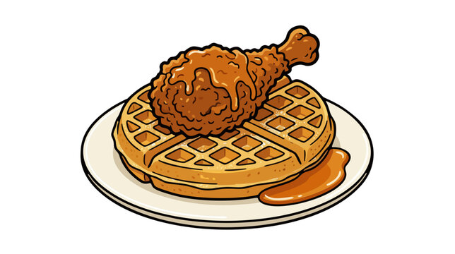 Classic American southern fried chicken and waffle with maple syrup drizzle isolated vector illustration