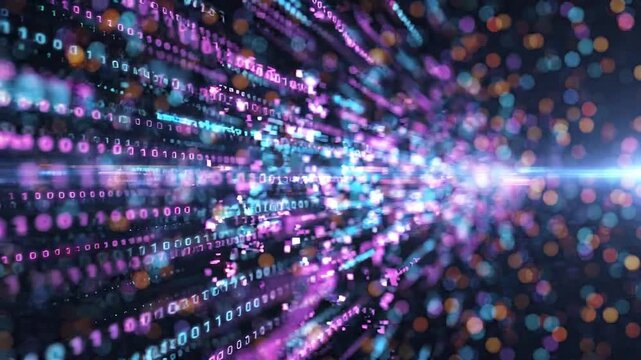 Colorful digital data stream with binary code and glowing particles flowing through a dark background, showcasing vibrant light effects and dynamic movement
