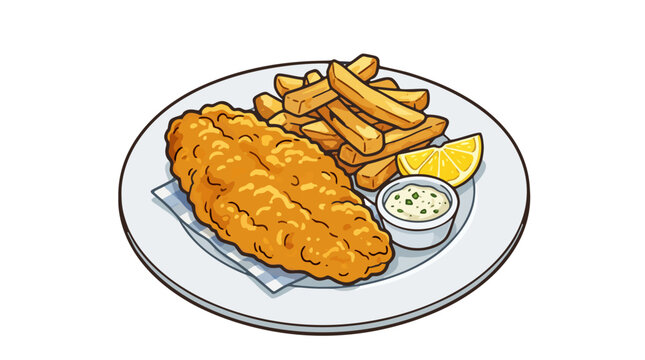 Deep fried Australian barramundi fish and chips with tartar sauce and lemon isolated vector illustration