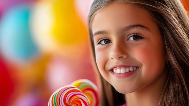 Smiling girl enjoying colorful lollipops at a cheerful celebration with balloons in the background