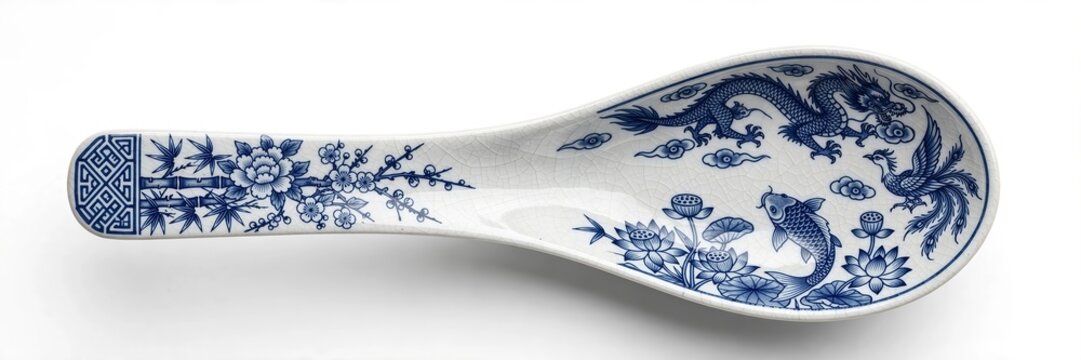 Blue and White Chinese Porcelain Soup Spoon with Dragon and Koi Design Isolated on White Background