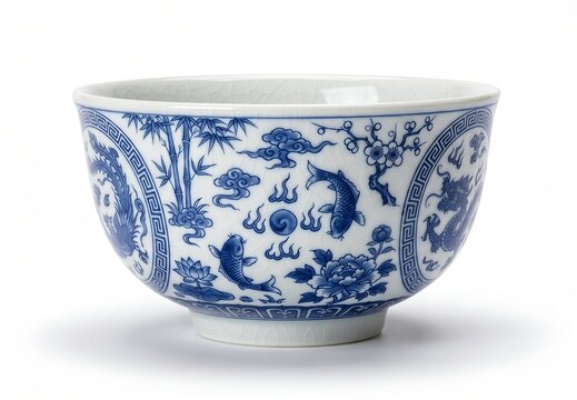 Blue and White Chinese Porcelain Bowl with Traditional Dragon and Koi Pattern Isolated on White Background