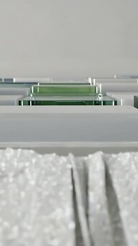 Vertical video: Moving camera revealing glass modules in gallery, showing blue and green inserts