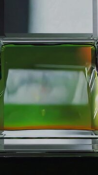 Vertical video: Tilting central panel, hinge releasing at facade, revealing iridescent glass cavity