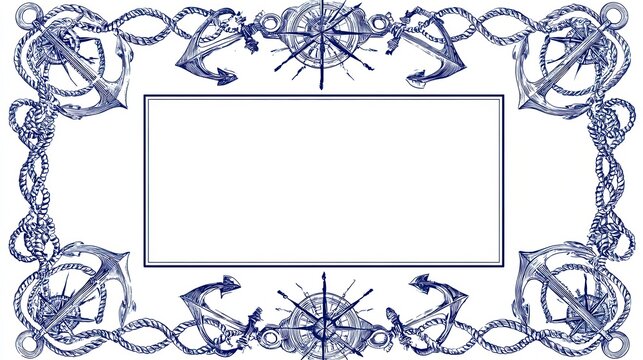 Engraved nautical border, detailed illustrations of anchors, ropes, and compass roses, rectangular blank center, deep navy blue ink on white