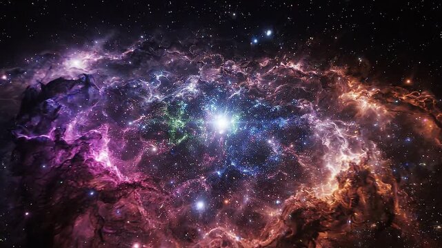 Colorful cosmic explosion of light and energy transitions from vibrant particles to a swirling nebula in deep space, showcasing the beauty of the universe's vastness