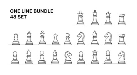 One Line Drawing Chess Pieces Set - King, Queen, Rook, Knight, Bishop, Pawn © Kejar