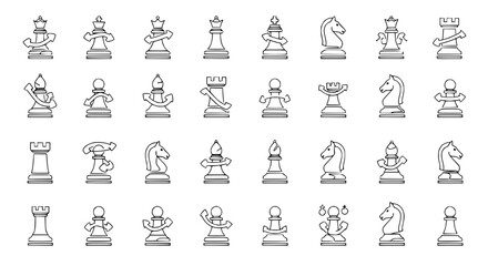 Chess Piece Icons Collection - King, Queen, Rook, Bishop, Knight, Pawn - Line Art Set © Kejar
