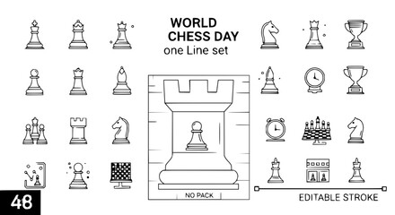 World Chess Day One Line Icon Set: Chess Pieces, Board, Clock, Trophy, Candle © Kejar