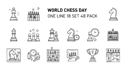World Chess Day Line Art Icons: King, Queen, Pawns, Knight, Rook, Bishop, Board, Clock, Trophy © Kejar
